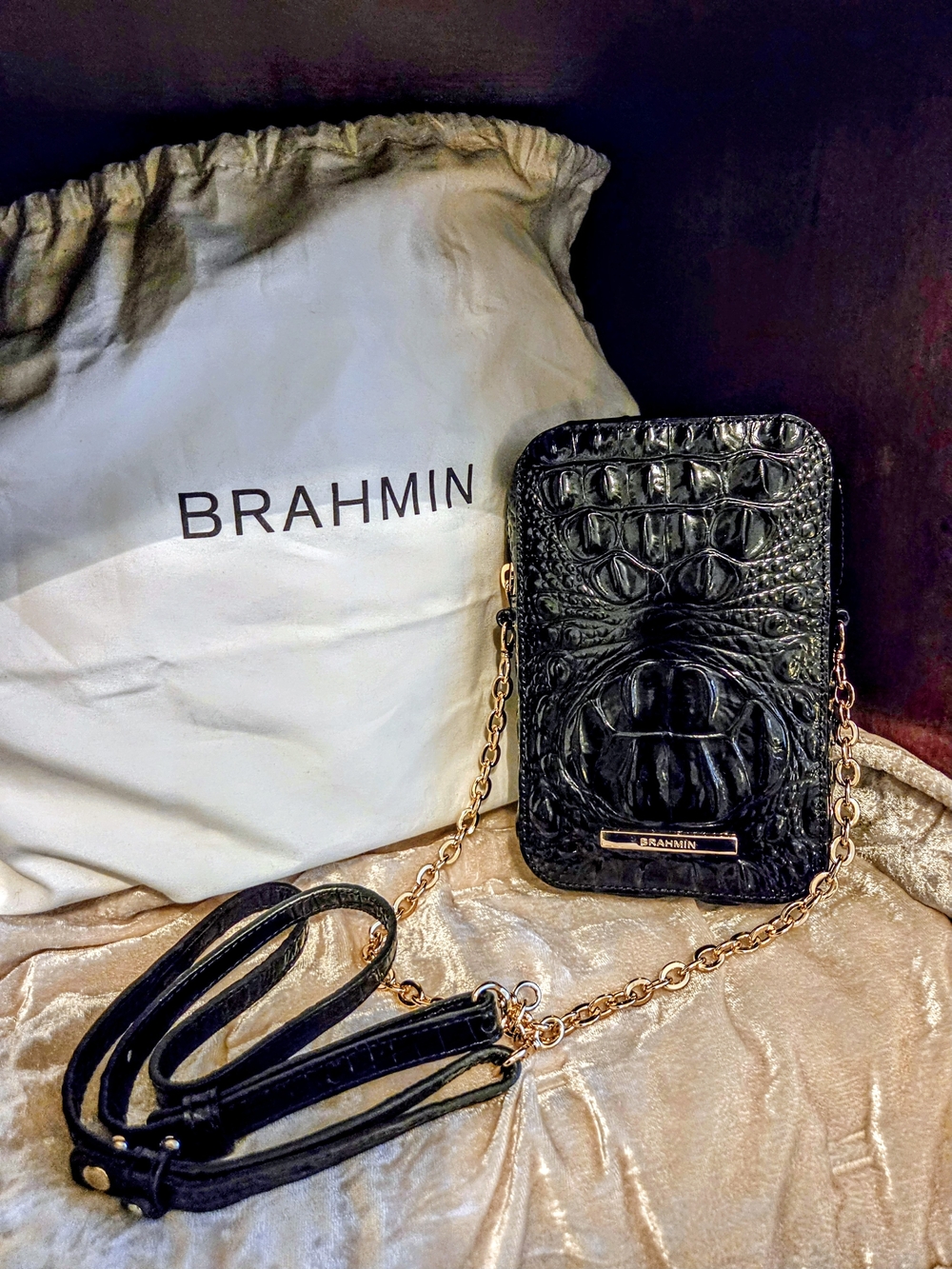 Brahmin Cassia Black Melbourne Leather Chain Crossbody